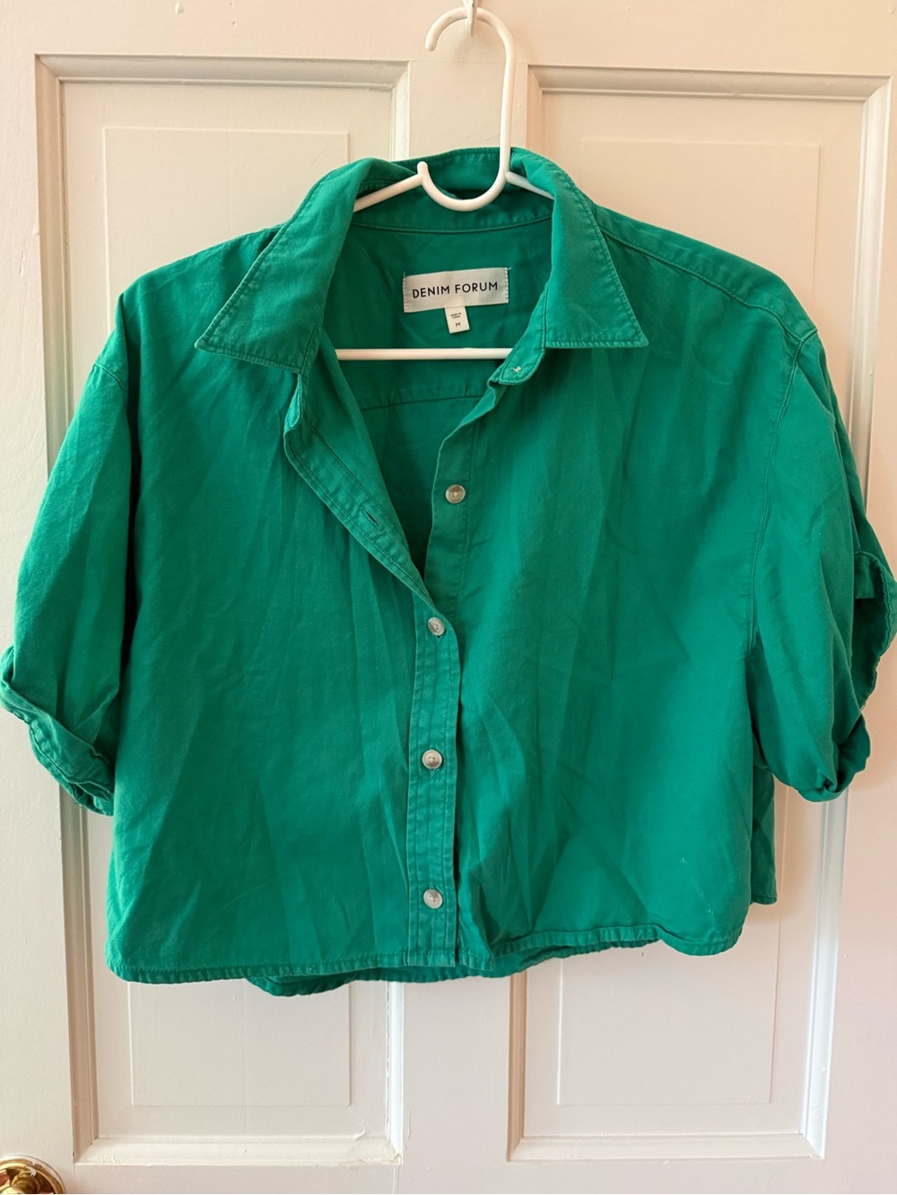 Denim Forum Women’s Teal Green Cropped Button-Up Shirt